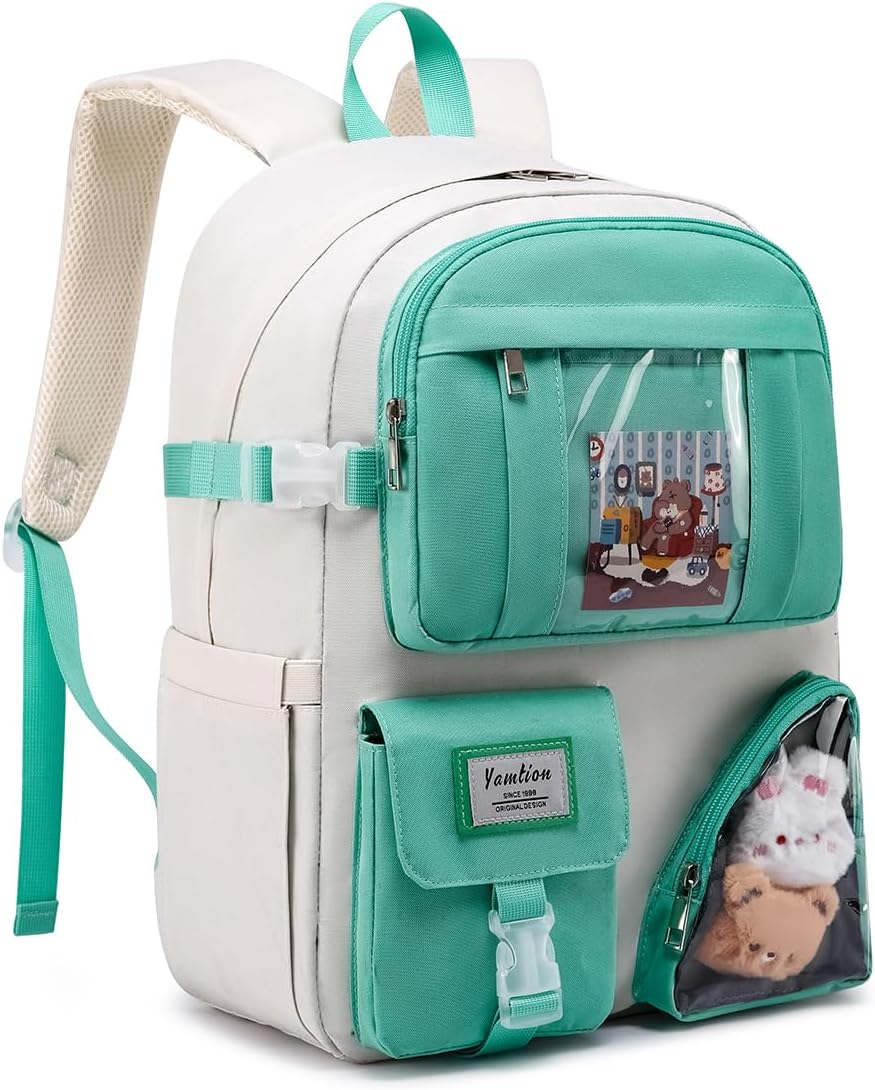 Girls Backpack for School,Laptop Backpacks Fits 15.6Inch Notebook,Cute College Bookbag with Multiple Pockets for Women,Book Backpack for Primary Elementary High School Teens,GreenBeige Greenbeige 15.6 inches