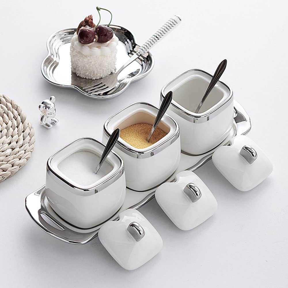 Silver Edge 3pcs Set Artwork Ceramics Porcelain Seasoning Bowl Condiment Pots Containers Spice Jars with Spoon - Spice Boxes with Lids, Sugar Salt Storage Container for Kitchen (White)