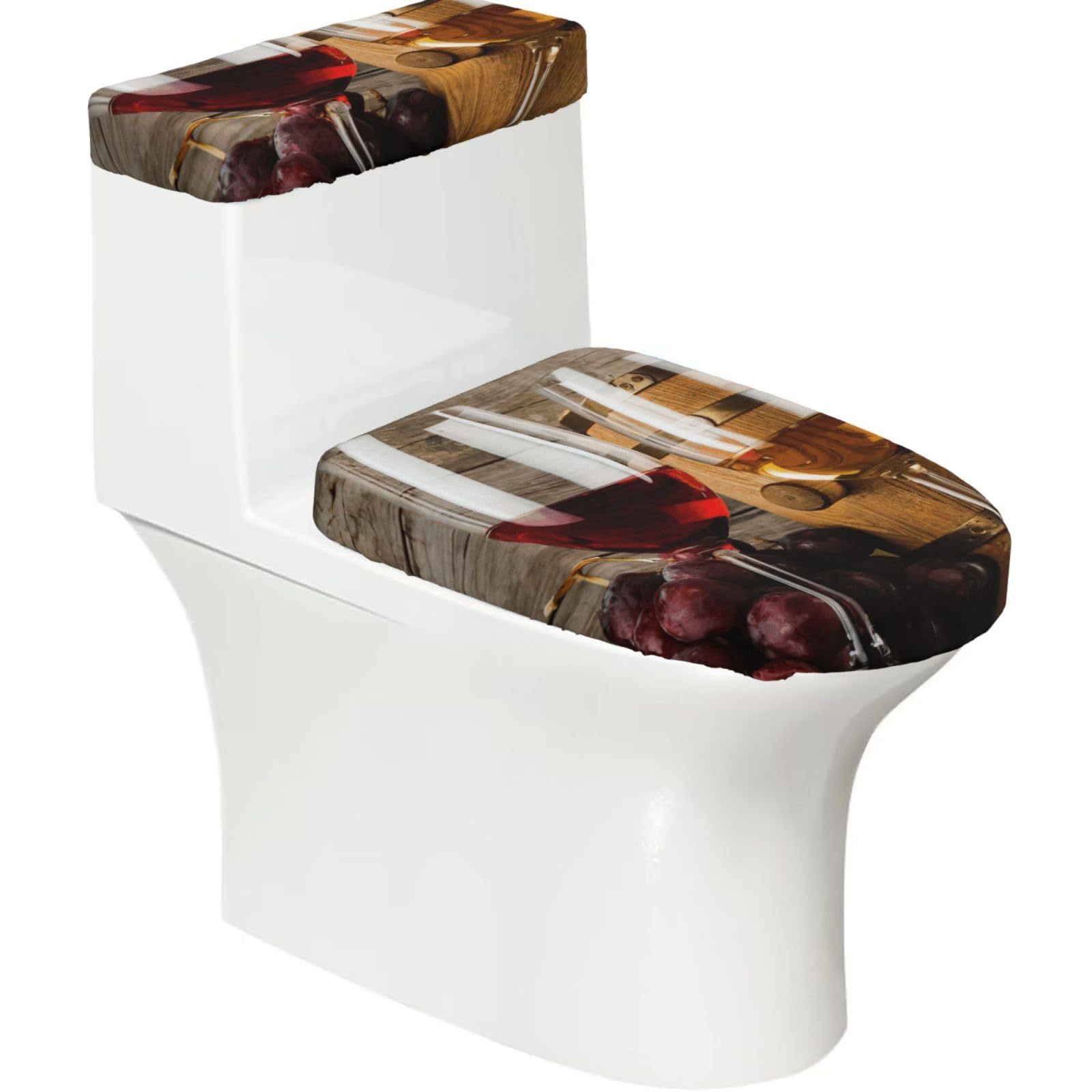 Art Red Wine Galsses & Grapes Print Stretch Toilet Covers Set, Polyester Covers Replacement For Fits Most Size Lids Bathroom Decor