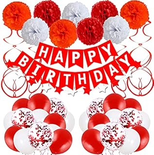 Birthday Decorations for Women Men Boys Girls Birthday Party Decoration Red and White Birthday Balloons Happy Birthday Banner Paper Pom Poms Latex Confetti Party Balloons Supplies for 18th 21st 30th