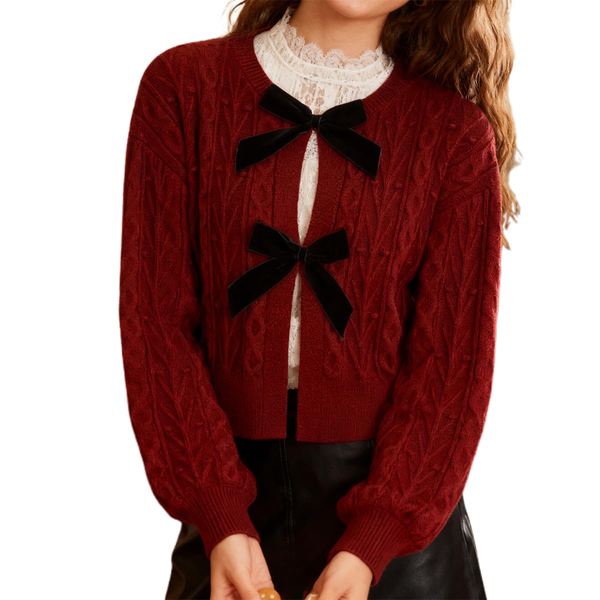 Bow Sweater Cardigan for Women Long Sleeve Open Front Sweater Chunky Knit Cardigan Fashion Fall Winter Knitwear