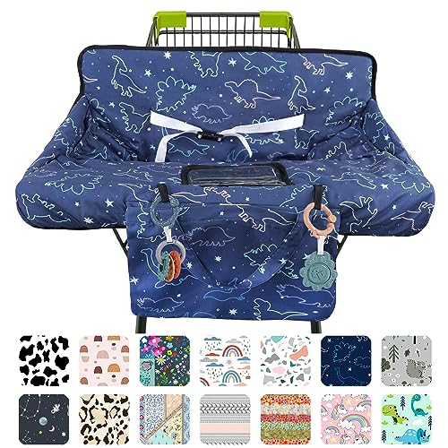 Image of Polovillae Shopping Cart Cover for Baby 2-in-1 High Chair Cover with Safety Harness Multifunctional Dark Blue Dinosaur Pattern Cart Covers for Babies Soft Padded Grocery Cart Cover for Baby Boy Girl