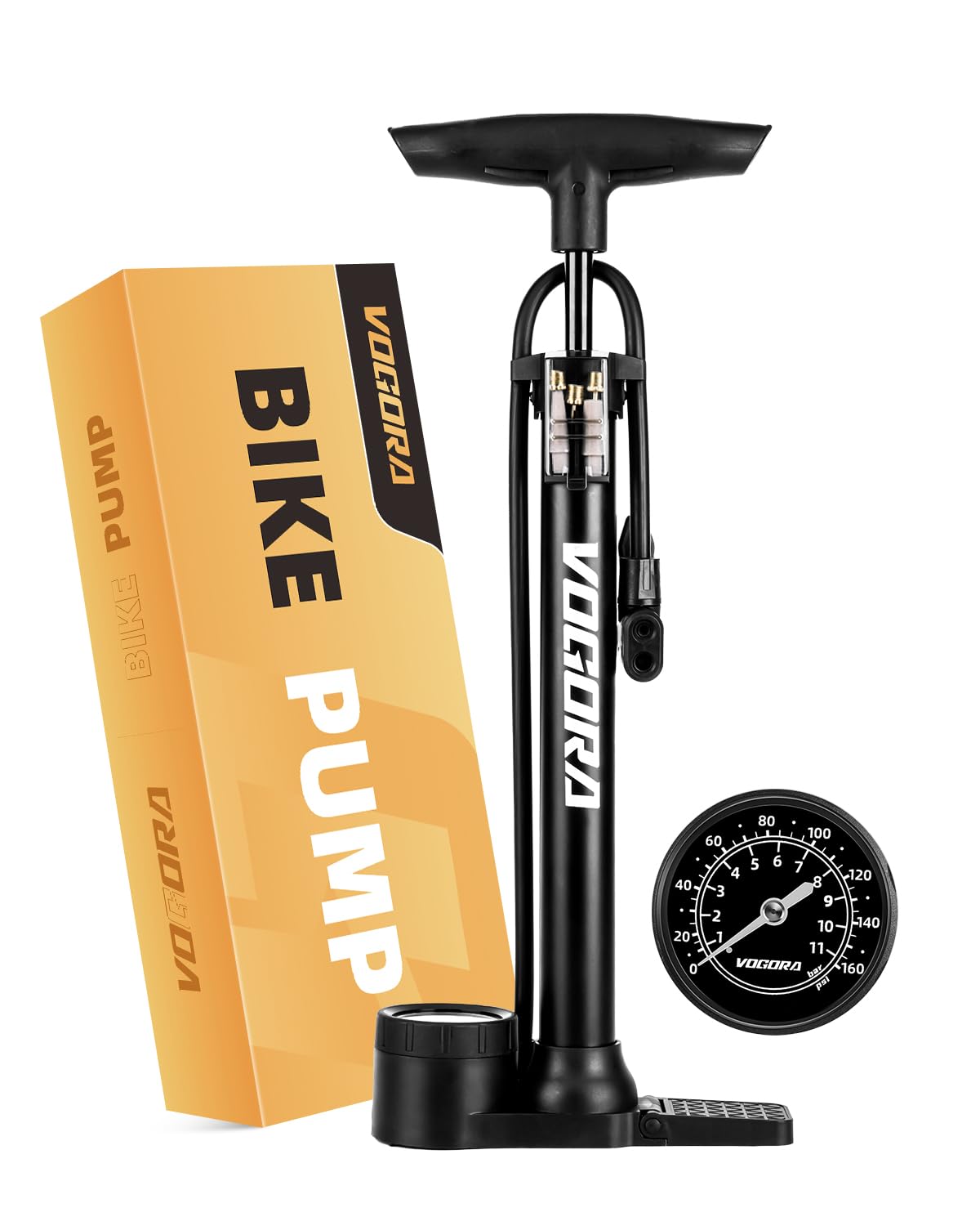 Pompa per Bicicletta VOGORA con Manometro Alta Pressione,Pompa a piede 160 PSI per valvole Presta & Schrader - Adatta a pneumatici, palloni e articoli gonfiabili