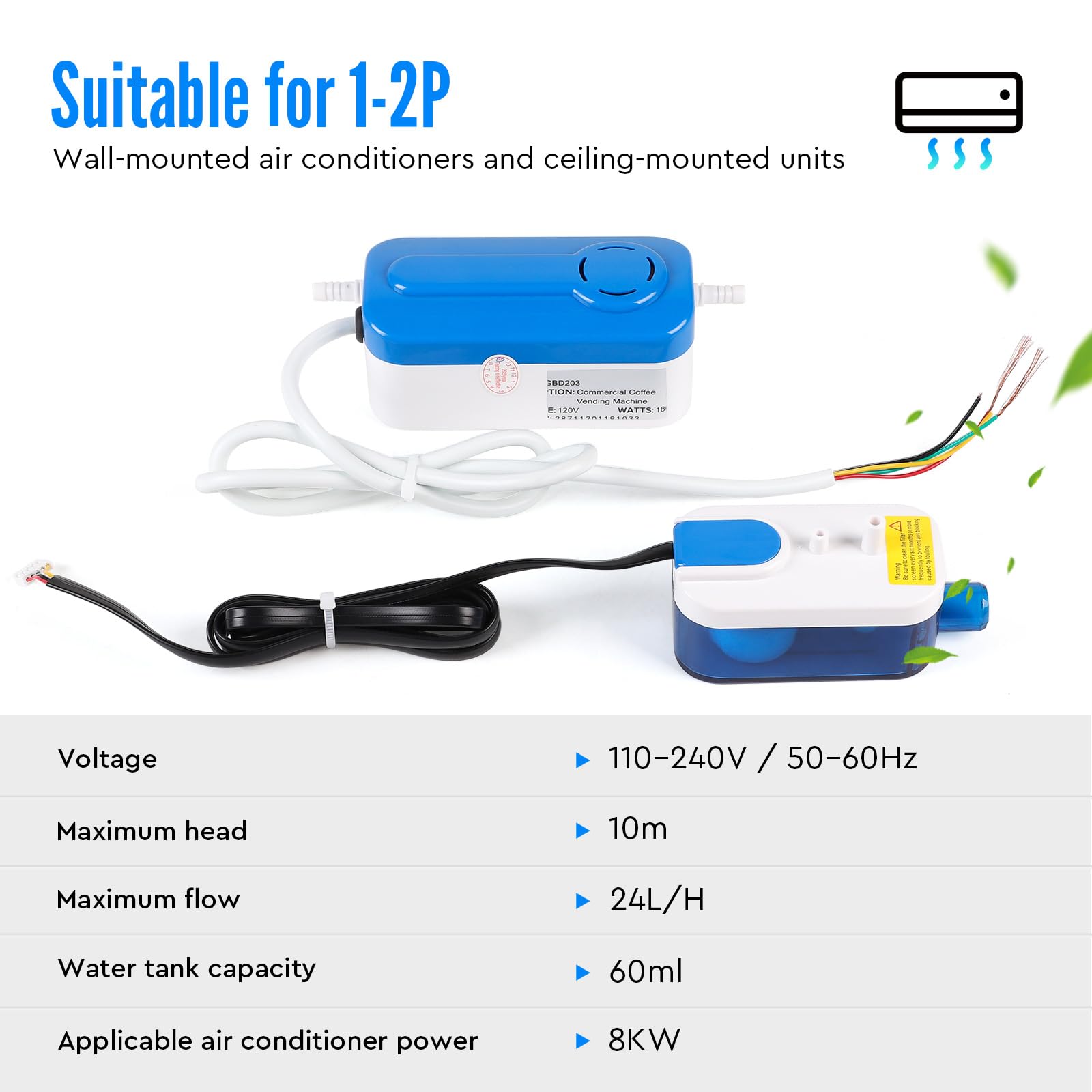 SWAWIS Pompe à Condensats Type Divisé pour Climatisation et Déshumidificateur, Pompe de Vidange pour Climatiseur 21dB Silencieuse avec 60ml Réservoir d'Eau, Débit Max 24L/h, pour Climatiseurs 8kW