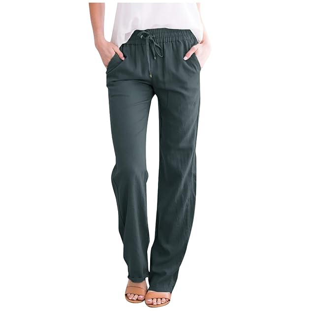 High Waist Pants for Women Work Casual Solid Straight Pants Waist Long Elastic Drawstring Cotton Pants Extra Long