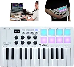 M-VAVE Controlador MIDI Bluetooth 25 Teclas com 8 Pads RGB, Bateria de 16h e Teclado Dinâmico - Compatível com Ableton/FL Studio/iOS/Android (Branco)-embalagem original Autêntico