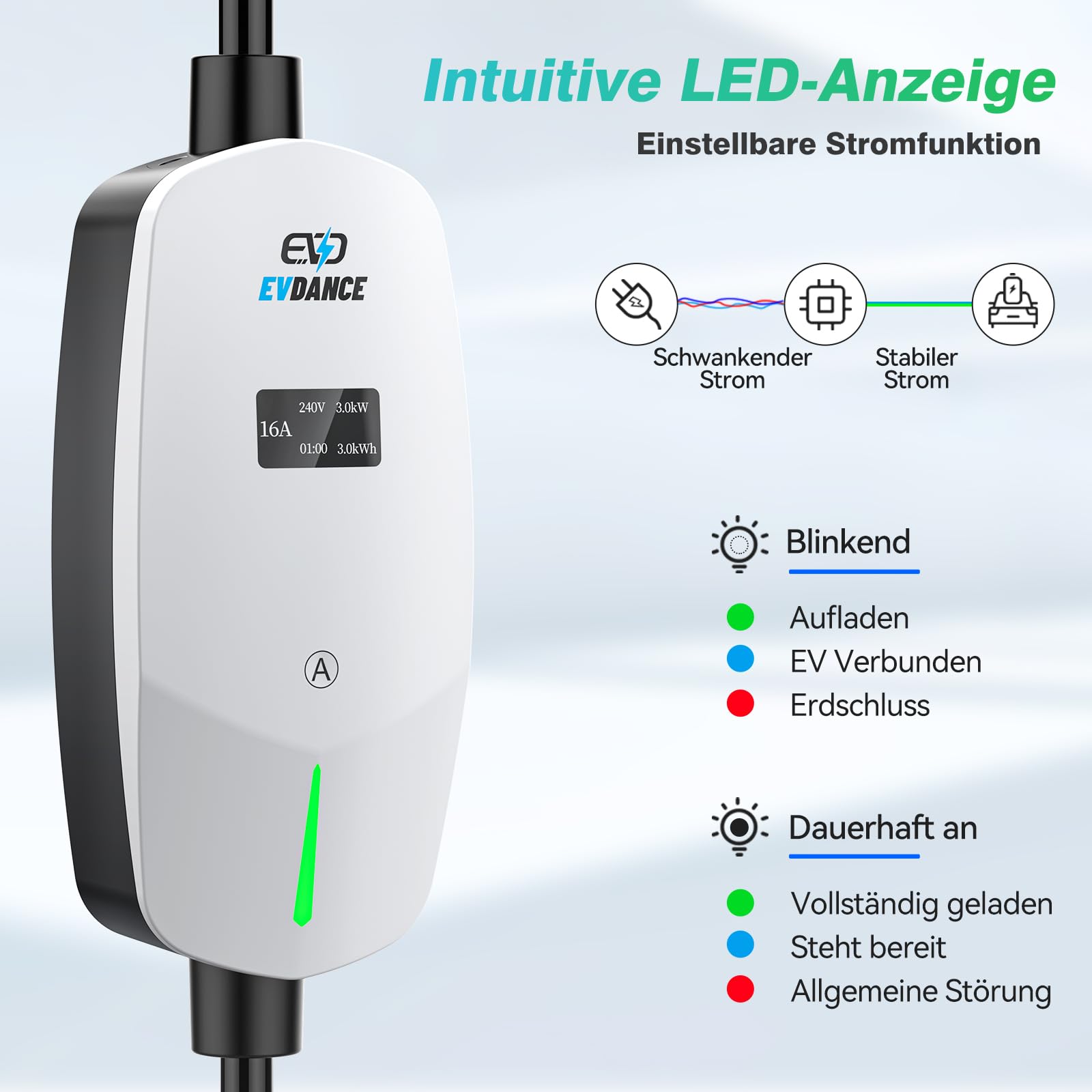 EVDANCE Ladekabel Typ 2 Schuko 6.1m 3.68KW Tragbares Ladegerät mit OLED Bildschirm 6-16A für PHEV/EV-Weiß