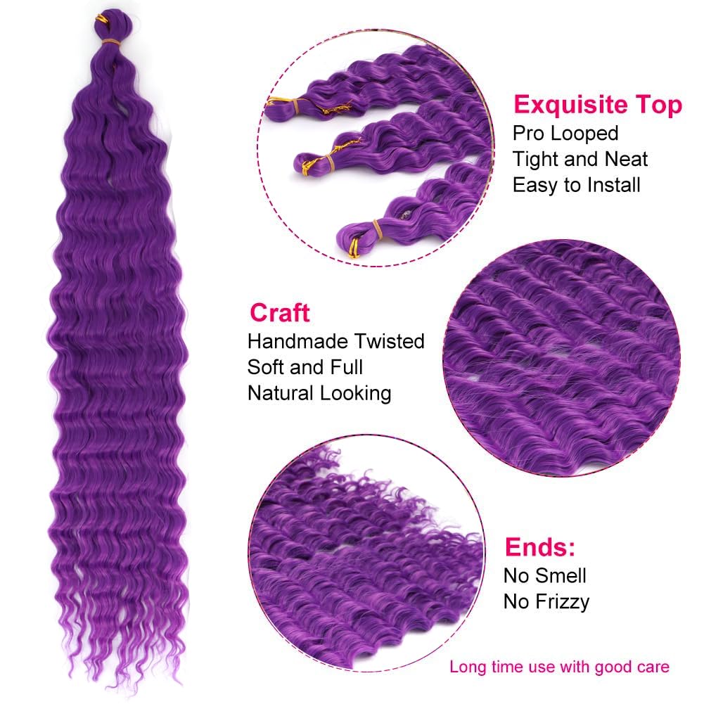 YEESHEDO 3 Packs Ocean Wave Crochet Braids Hair Extensions for women,Long Deep Wavy Dark Purple Curly Synthetic Hair Boho Braiding Locs Crochet Hair,22inch - Image 2