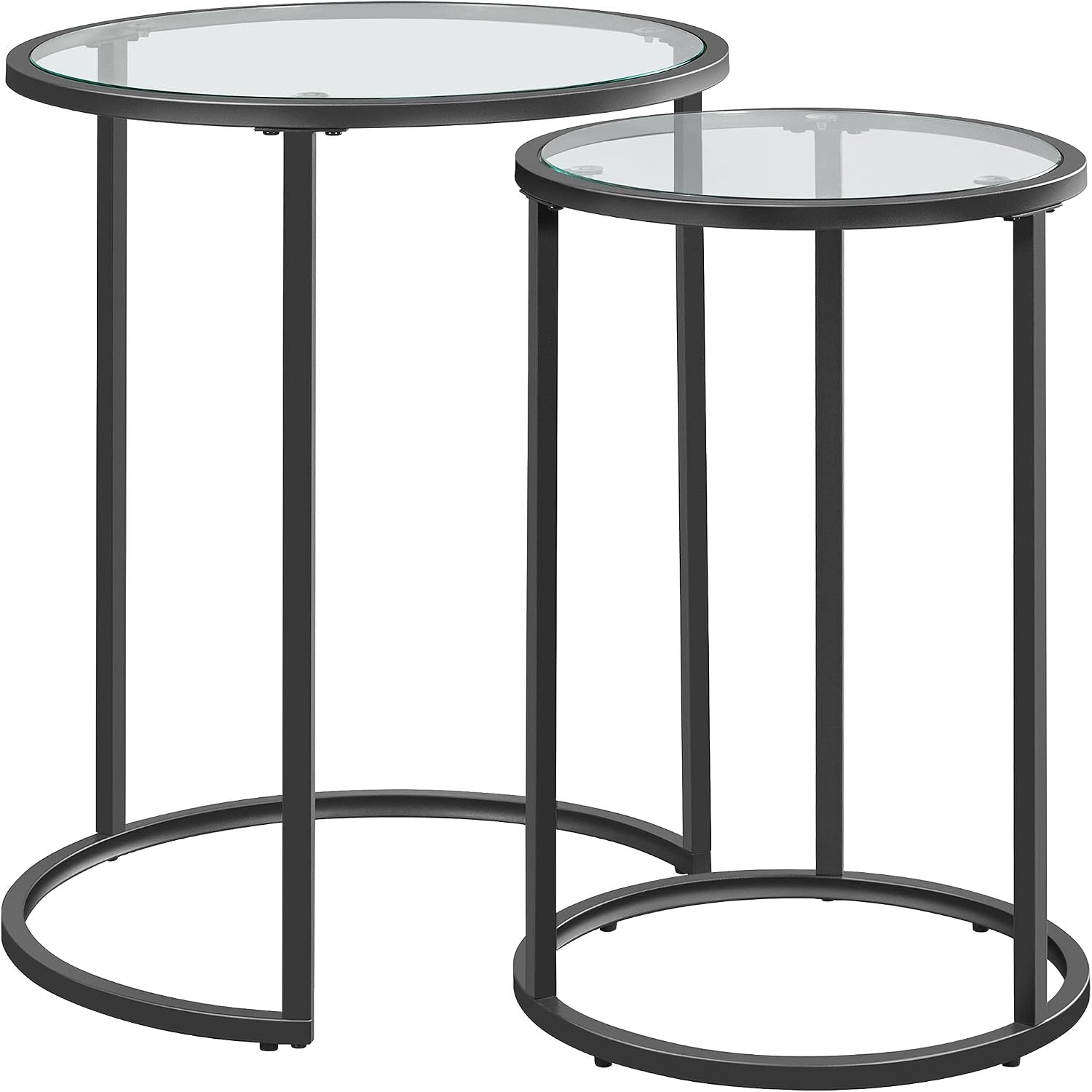 Yaheetech Round Nesting End Table Set of 2,Stacking Side Tables,Coffee Tables Set w/Metal Frame & Glass Top & Protective Foot Pads for Small Space, Living Room, Office- Black