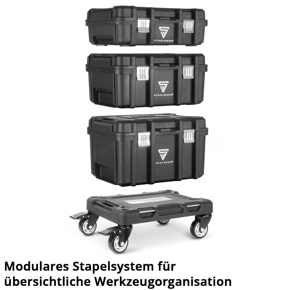 STAHLWERK Werkzeugtrolley mit drei Boxen – fahrbarer Werkzeugkoffer-Trolley mit Rollbrett, Metallverschlüssen und großem Stauraum, flexibles Aufbewahrungssystem für Werkstatt, Garage und Montage