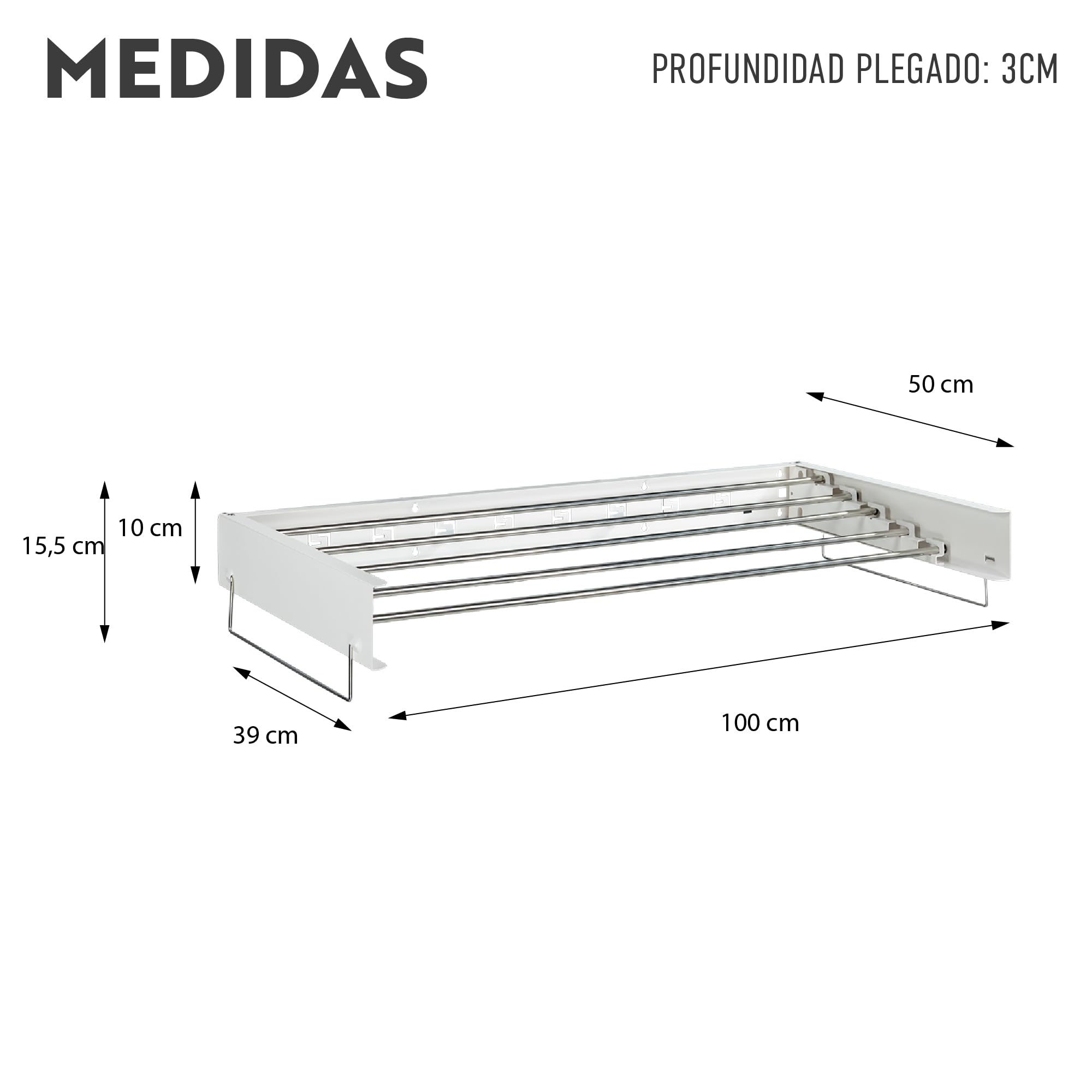 Tendedero Plegable de Pared 5 Niveles para Colgar Ropa | Extensible y abatible | Incluye asa Colgante | Soporta hasta 30 kg | Profundidad Plegado 3 cm | 80 o 100 cm (100cm)
