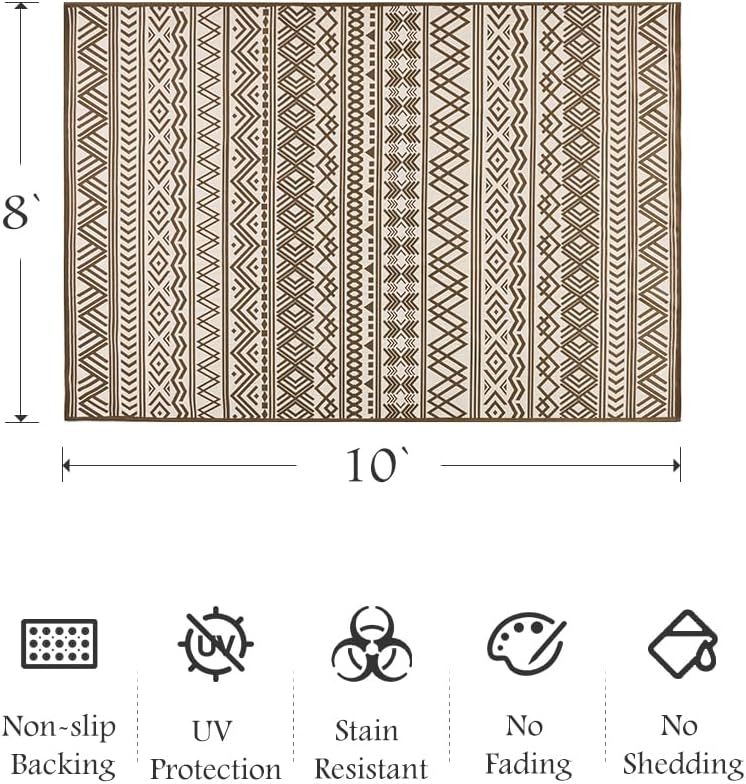 Outdoor Rug Carpet 8x10 ft, Flatweave Textured Outdoor Patio Rug Non Slip Indoor Outdoor Rugs with Rubber Particles Backing Boho Outdoor Area Rug for Patio Deck Front Porch Backyard Balcony, Brown
