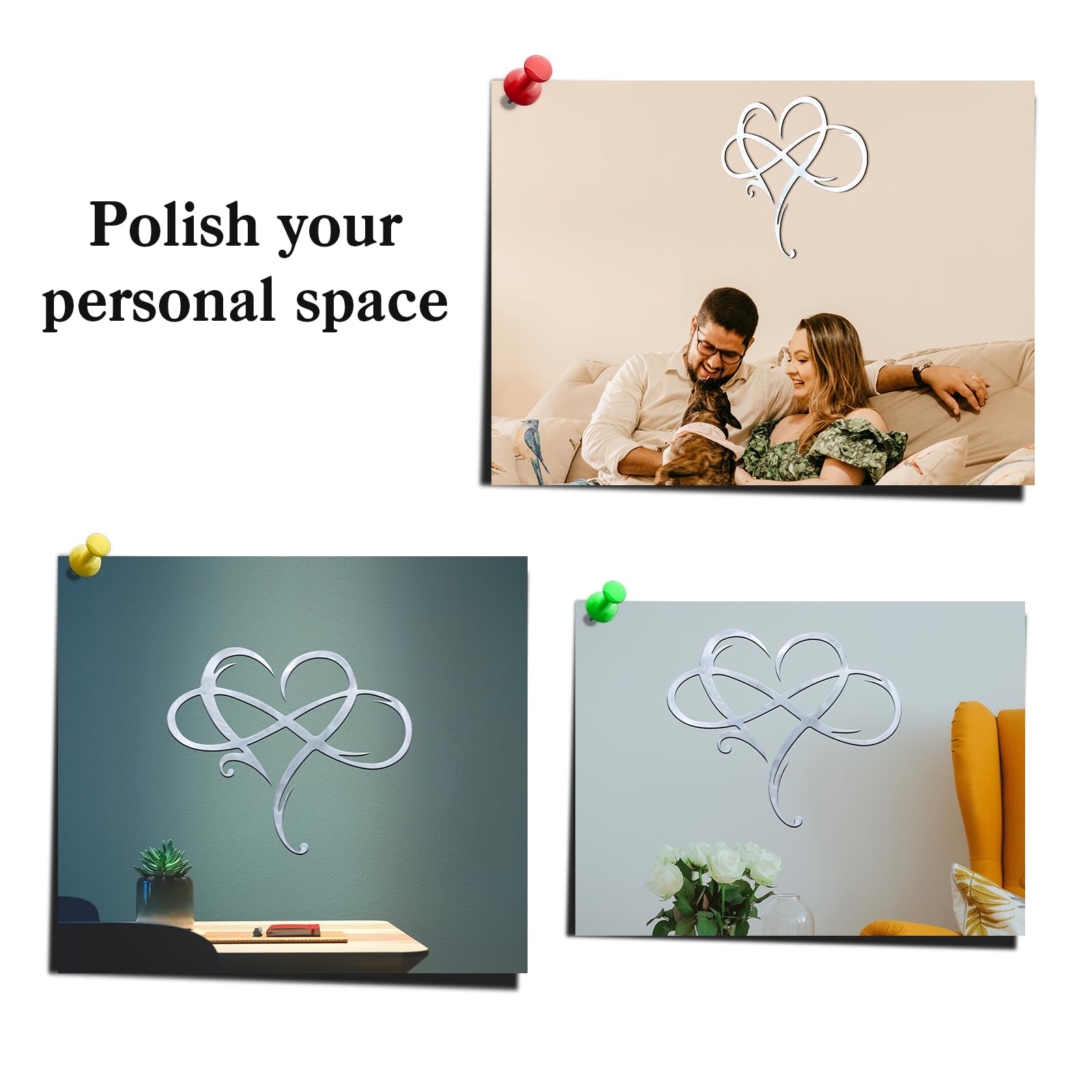 Infinity Heart Metal Wall Decor, Unique Infinity Heart Wall Decor Love Sign Plaque Steel Art Geometric Bedroom Ornaments Cut Out for Home, Wedding Decor (11.4x13.7in, Silver)