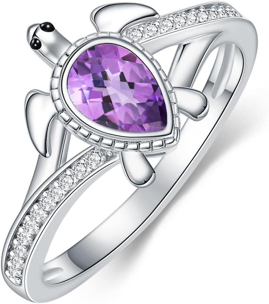Sea Turtle Ring for Women 925 Sterling Silver Pear Shaped Birthstone Ocean Statement Ring for Ladies