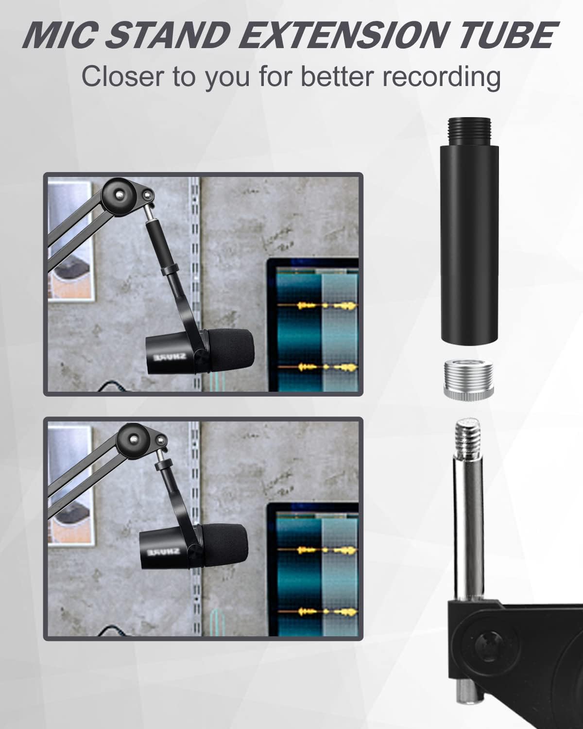 Microphone Boom Arm Stand with Pop Filter for MV7, Heavy Duty Adjustable Suspension Boom Scissor Mic Stand with Mic Foam Windscreen and Extension Tube Compatible with MV7 Microphone