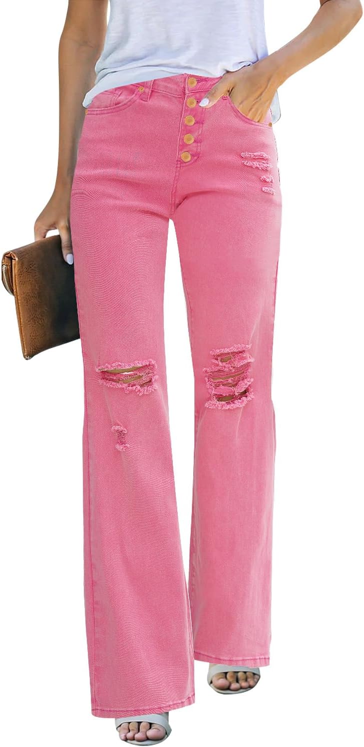 LookbookStore High Waisted Ripped Flare Jeans for Women Distressed Bell Bottom Jeans Wide Leg Pants