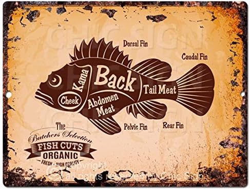 Fish Meat Cuts Guide Chart Retro Rustic Vintage Kitchen Wall Decor 9"x12" Metal Plate Home Store Decor Plaques