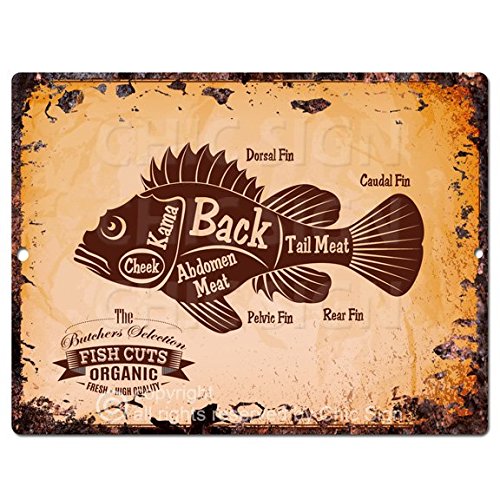 Fish Meat Cuts Guide Chart Retro Rustic Vintage Kitchen Wall Decor 9"x12" Metal Plate Home Store Decor Plaques