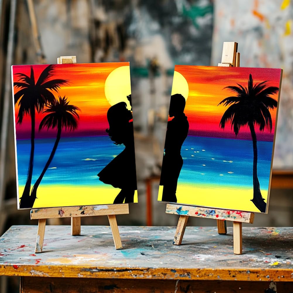 WEBEEDY 2 Packt Malen nach Zahlen Set Für Den Paar Date Abend 20x25cm Sonnenuntergang Vorzeichnung Strand Leinwand Für Malpartybedarf Geburtstag Jubiläen Hochzeitsgeschenk DIY Wanddekoration