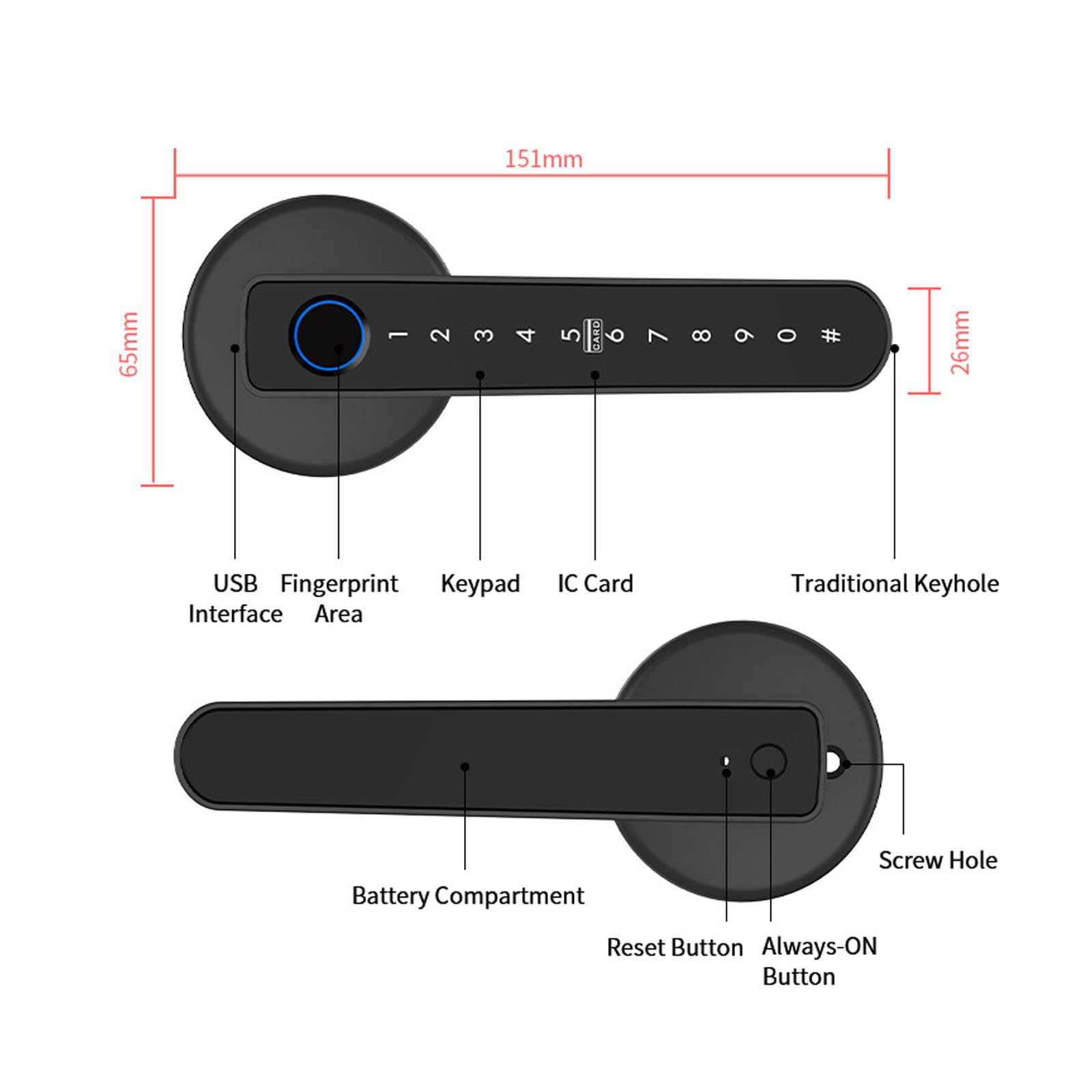 Cerradura de puerta con huella dactilar - Acceso 5 en 1: aplicación, tarjeta IC, contraseña, llave | Funciona con pilas, se adapta a puertas izquierdas/derecha (35-55 mm de grosor) | Mango electrónico