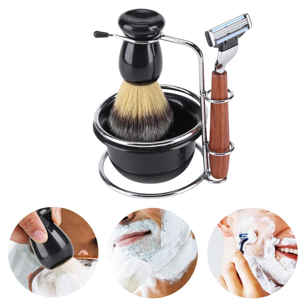 Nikou Set de Rasage - 4pcs Rasage Set Rasoir Manuel + Support de Support en Acier stainess + Pinceau + Bol pour Homme Rasage Manuel Rasage Manuel Homme Support pour Rasoir
