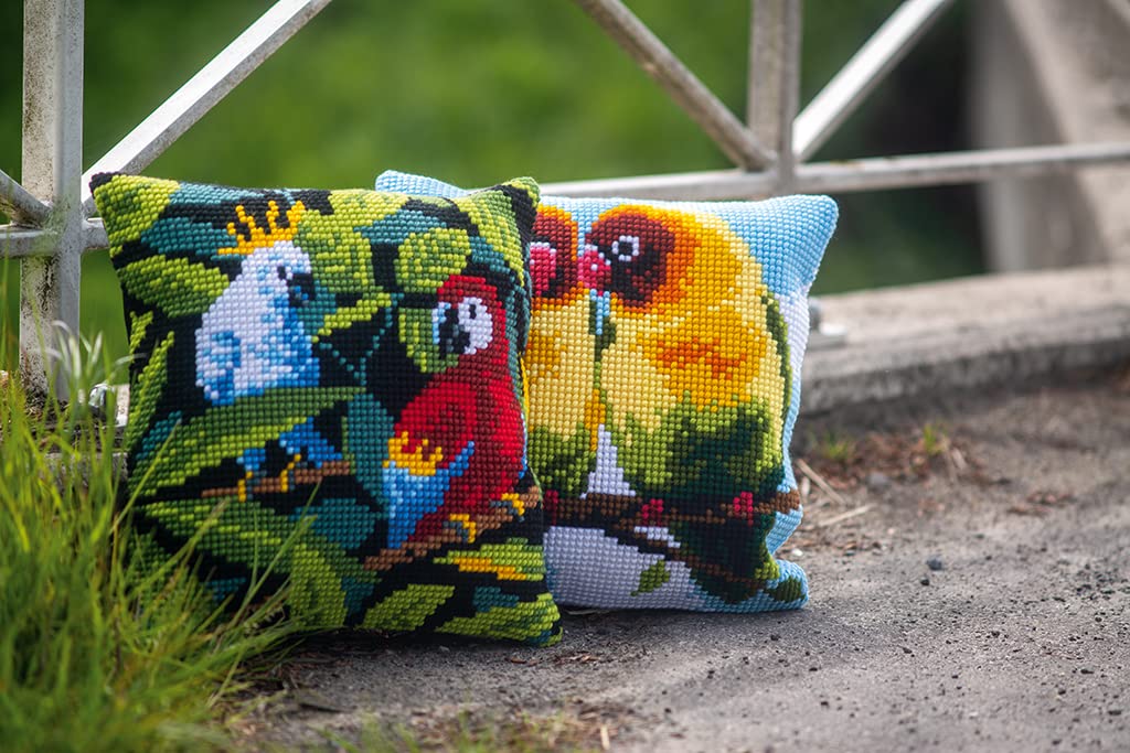 Vervaco Kreuzstich Stickpackungen Kissen Stickerei Set Anfänger Vorgedruckt Tropische Vögel DIY Set Kreativ Set Für Erwachsene Dekoratives Kissen ca. 40 x 40 cm Bastelset Handwerker Haus Dekoration