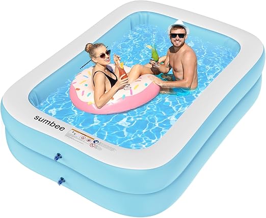 Sumbee Inflatable Swimming Kiddie Pool for Adults Kids Ages 4-8-12, Size 79" x 59" x 20" Rectangle Blow Up Family Pool for Children Backyard Outdoor Garden Summer Water Party Full-Sized Light Blue