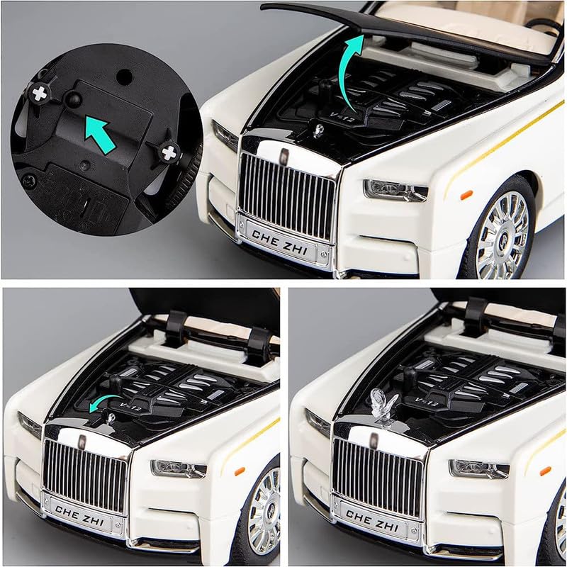 Image of Kids Model 1:24 Rolls-Royce Phantom Die Cast Metal Car Pull Back Action Opening Doors with Realistic Engine Sound Lights Toy Car Gift for Boys - White