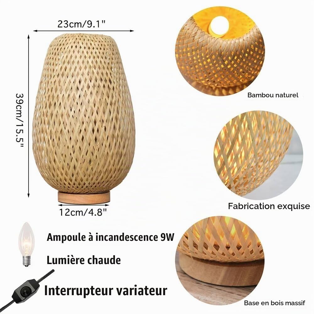 Bambou Tissé Lampe De Table Abat-Jour En Bambou Style Zen Éclairage De Table Éclairage De Table Décoratif Veilleuse Pour Chambre Et Salon