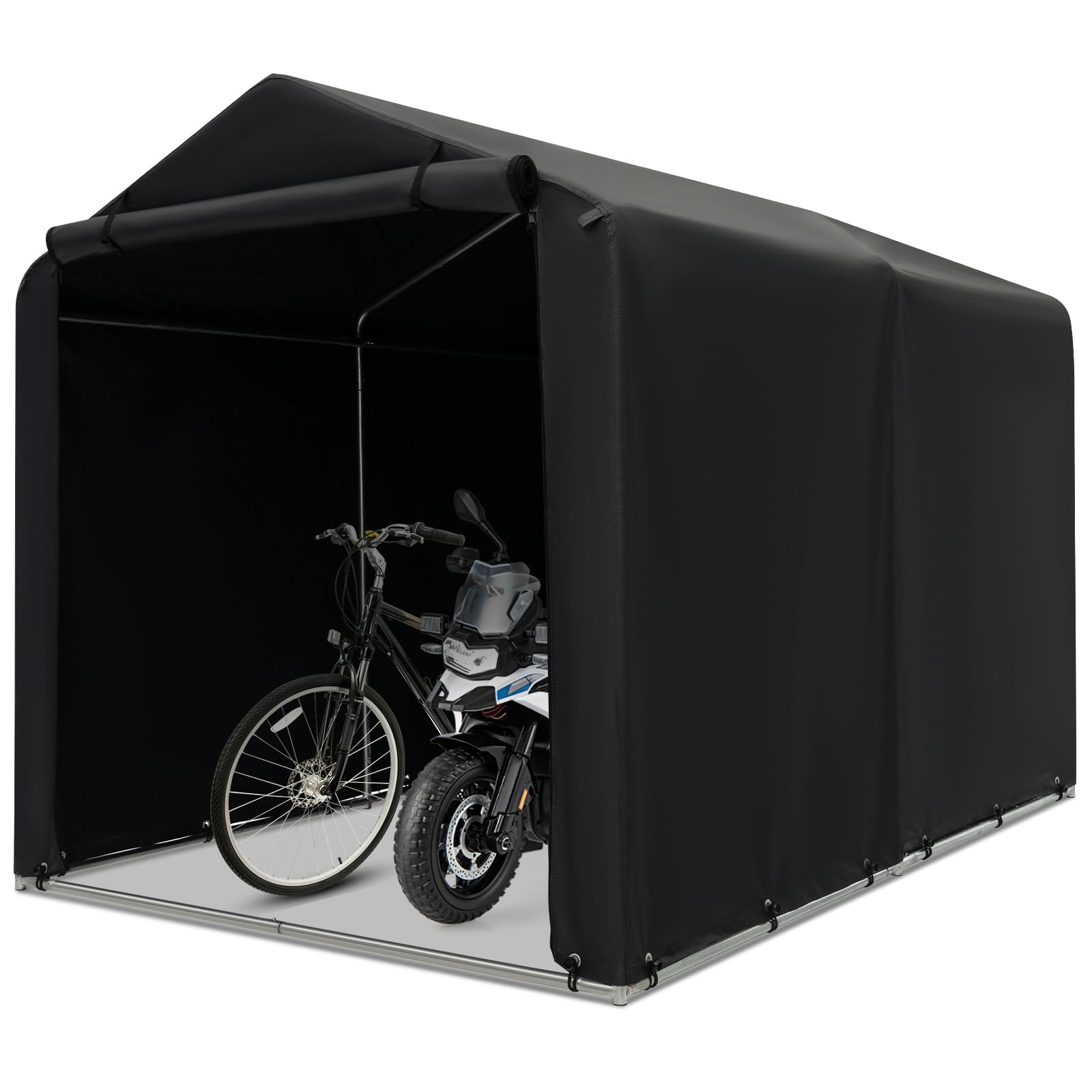 FANTASK Casetta per attrezzi impermeabile, tenda da garage con porta con cerniera e telaio in metallo (grigio scuro)