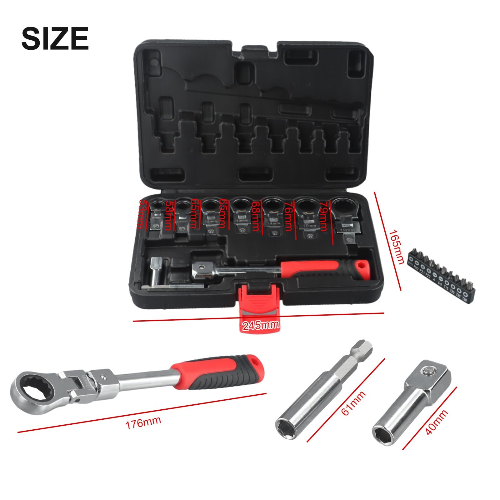 Set di 20 chiavi a cricchetto con punte per cacciavite, dimensioni testa 8-19 mm e punte Torx/PH/PZ, per riparazione auto e bici, custodia inclusa