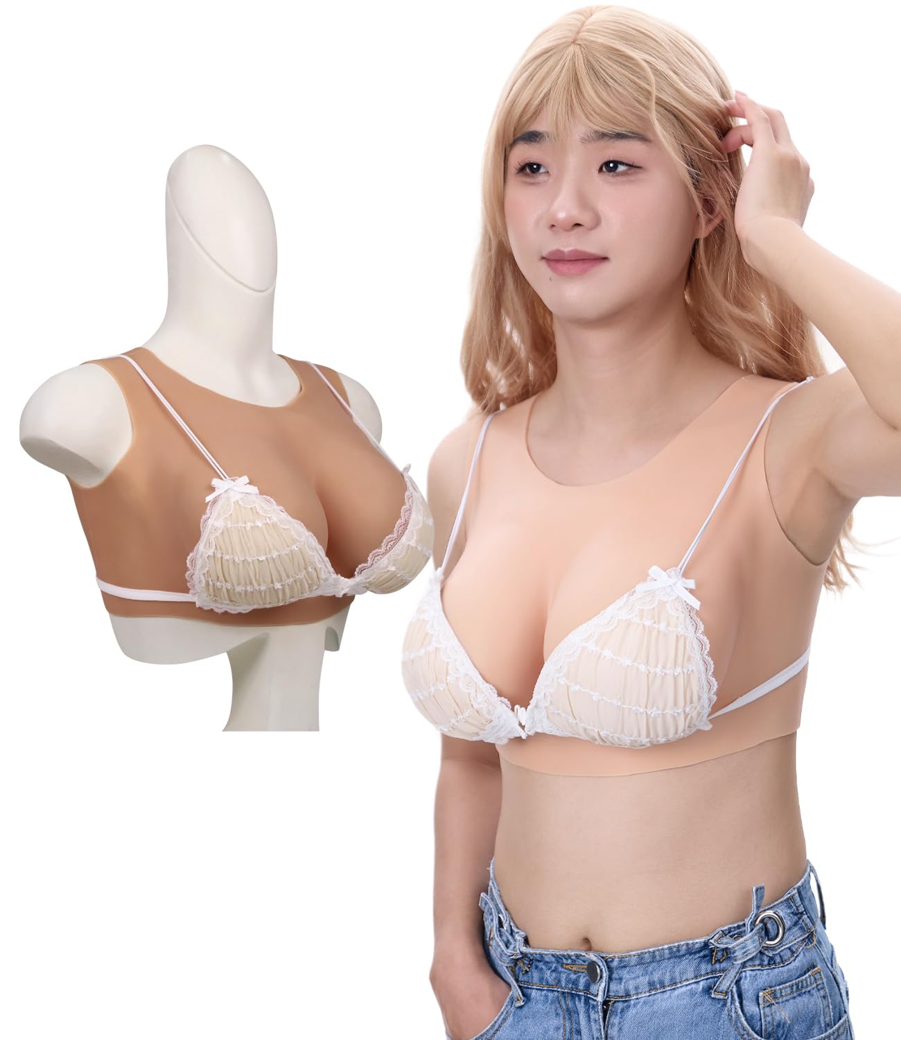 Peikey Women's Nude Breastplate Silicone Round Collar Breast Forms With Bra B-G Cup Breast Plates For Crossdressers Drag Queen Mastectomy,,C Cup