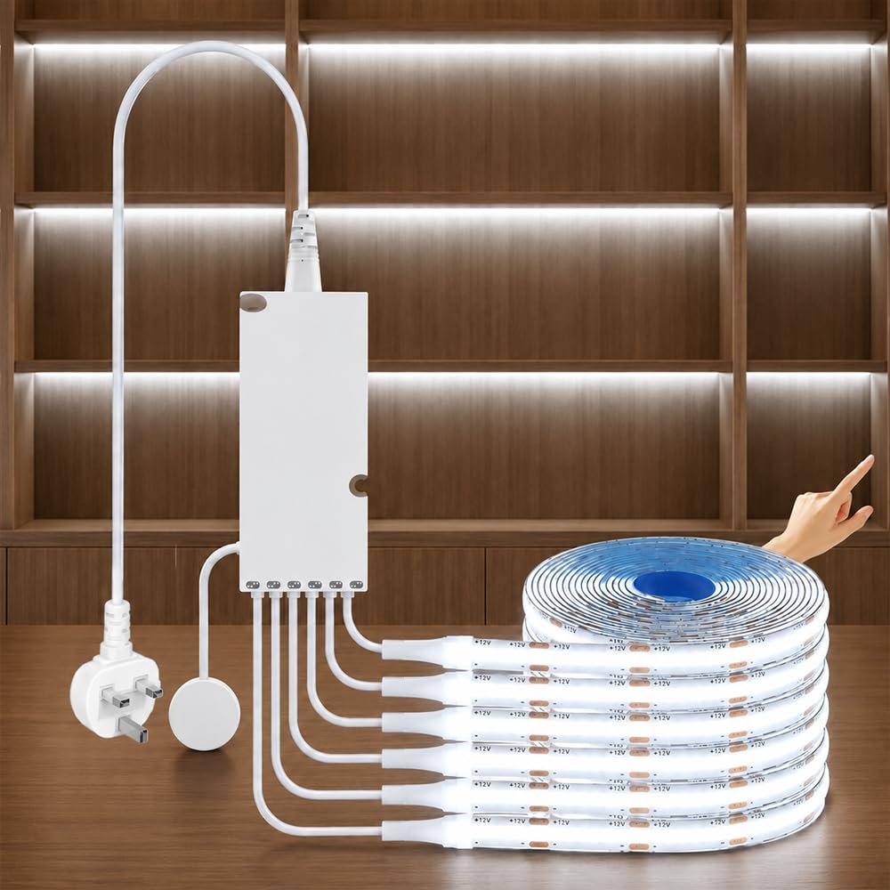 Cabinet Light COB LED Strip Lights 6-in-1, 12V COB LED Strip Dimmable Touch Control with 60W Adapter UK, Strip Lights for Shelves Wardrobes Shelf Wine Cabinets Kitchen Lighting (White Light, 3.3FT)