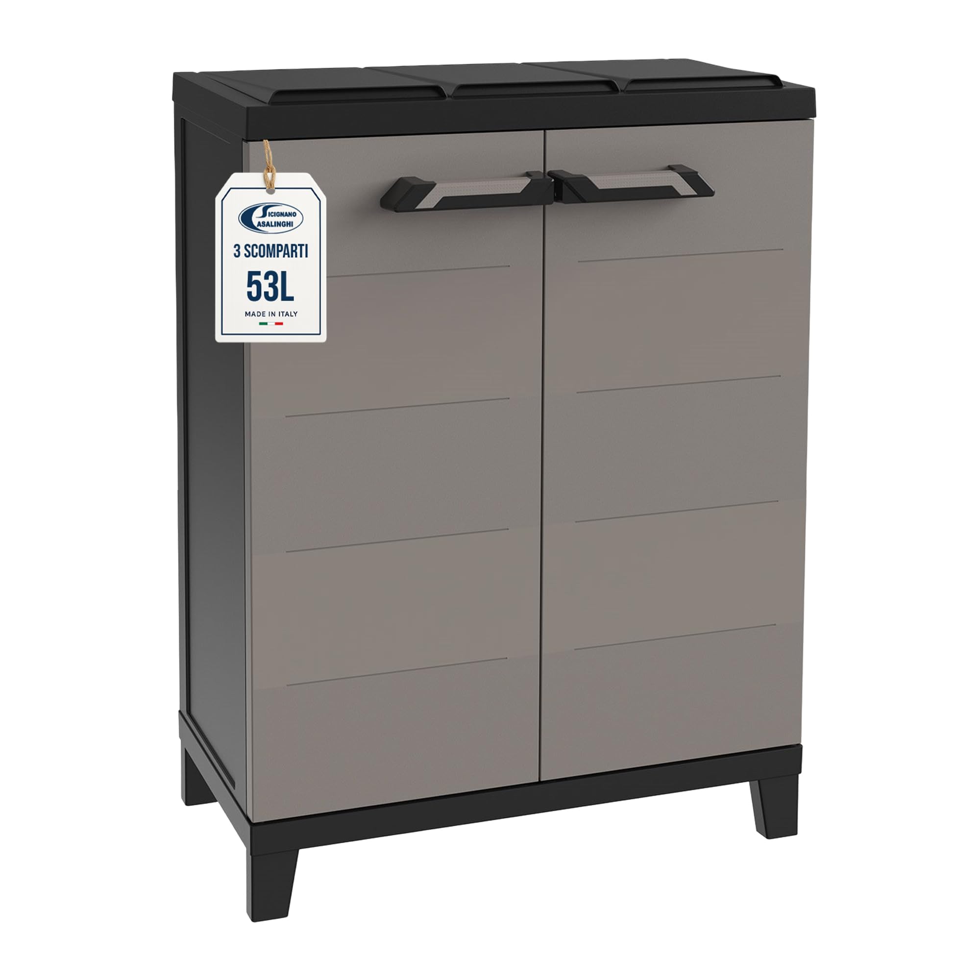 Sicignano Armadio Raccolta Differenziata in Plastica Riciclata per Interno ed Esterno con 2 Ante e Ripiani di Sicurezza – Antracite/Grigio Tortora 66x40x172 cm