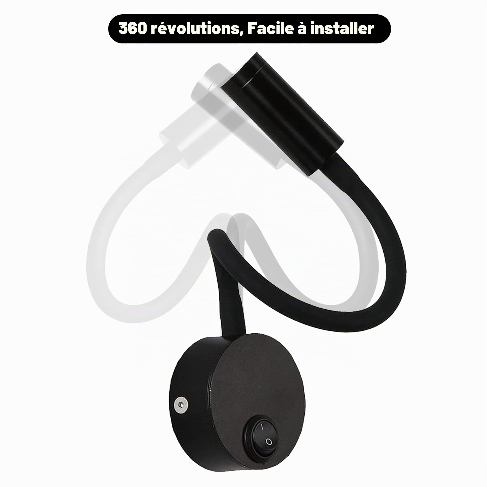 2 Pièces Noire Lampe de Lecture Murale 3W - Applique de Bureau en Aluminium à Cou Flexible Réglable, avec Interrupteur LED Soins des Yeux