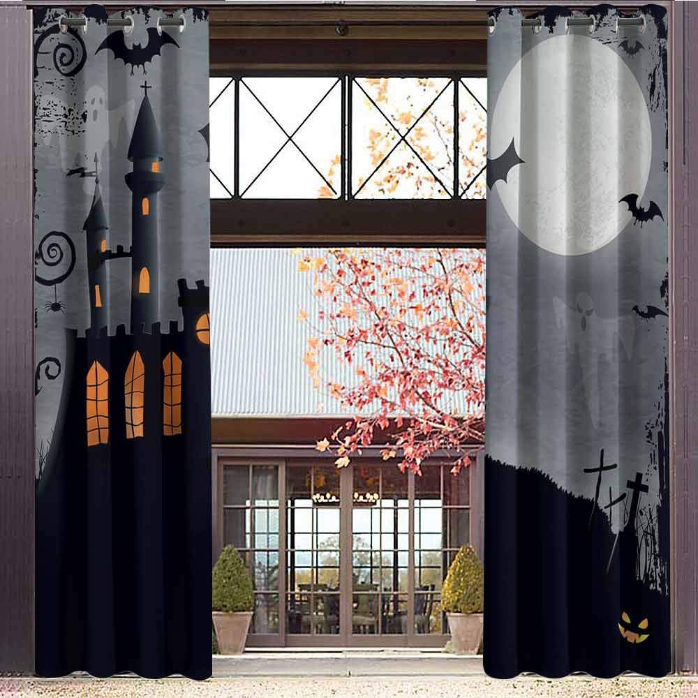 hengshu Vintage Halloween Shading Insulated Curtain Halloween Themed Asymmetric Caste with Scary Bats and Ghosts Full Moon for Living Room or Bedroom W96 x L108 Inch Black Grey