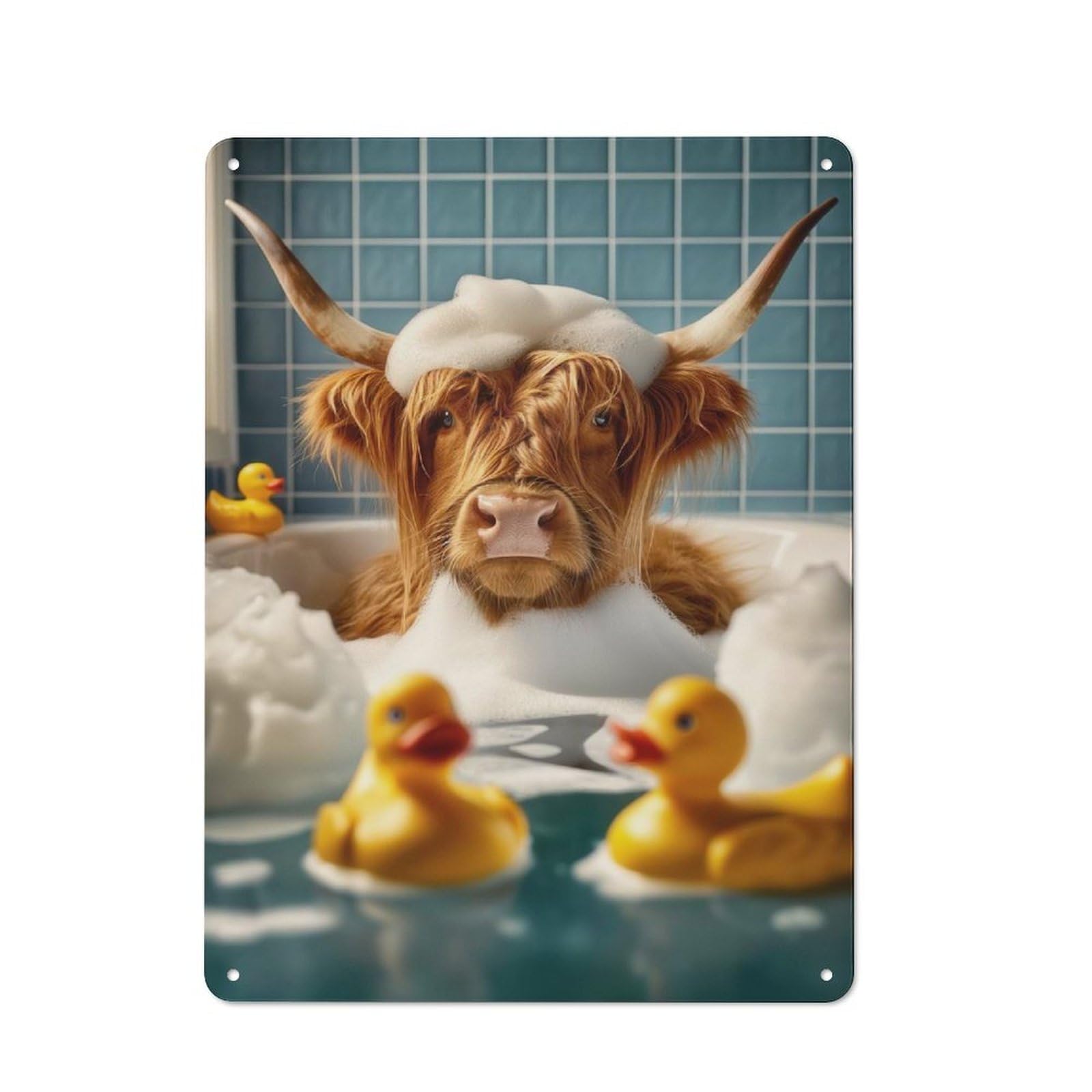 Highland Cow in The Bath Creative Metal Wall Decor 40x30cm, Decorative Metal Sign for Office, Study, Studio Or Hallway