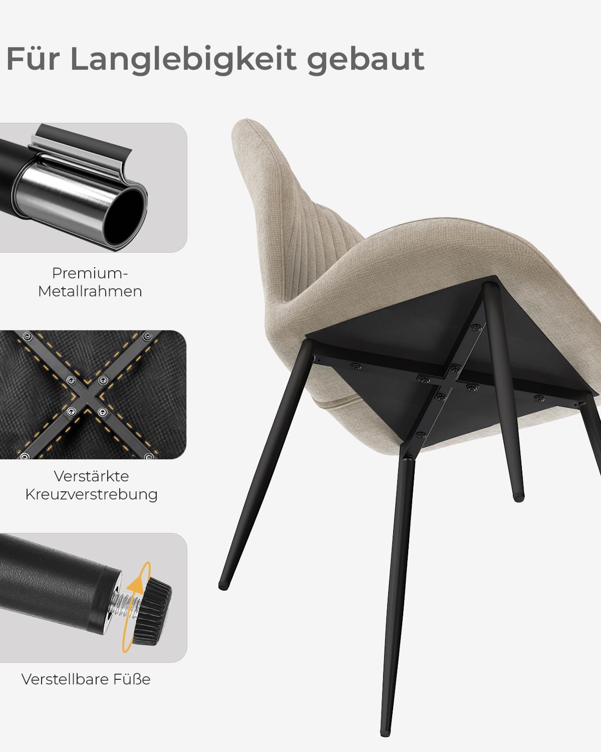 JIJIAN Esszimmerstühle 6er Set mit Leinenstoff und Metallbeinen, Haferbeige