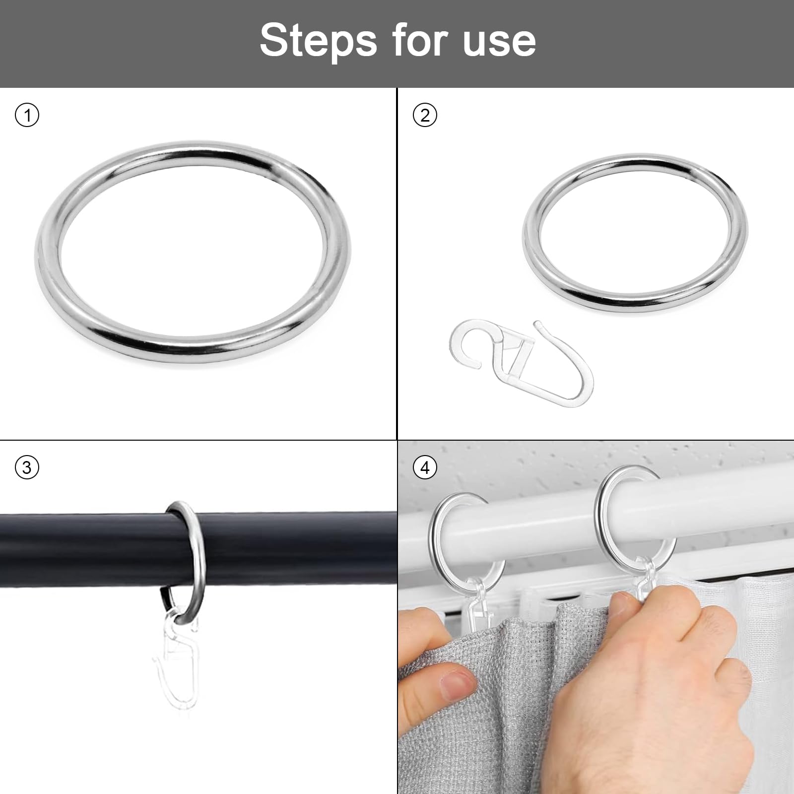 Vorhangringe Mit Haken – 24 Stück, 32 Mm Durchmesser, Metall Schwarz, Für Duschvorhänge & Gardinen