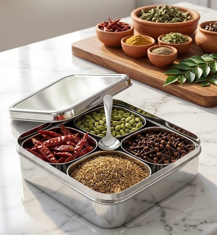 Buy Premium Seethrough Stainless Steel Square Masala Dabba with 4