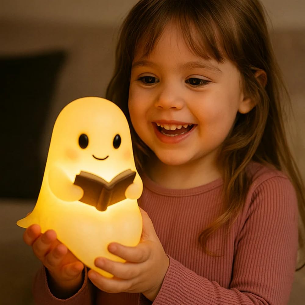 NachtGeist - Ein kleiner Geist, der Wärme & Licht spendet Leselampe mit warmem Licht, bezaubernde LED - Geisterlichter, perfekt für Halloween & Buchliebhaber, Wohn -/Schlafzimmer Deko