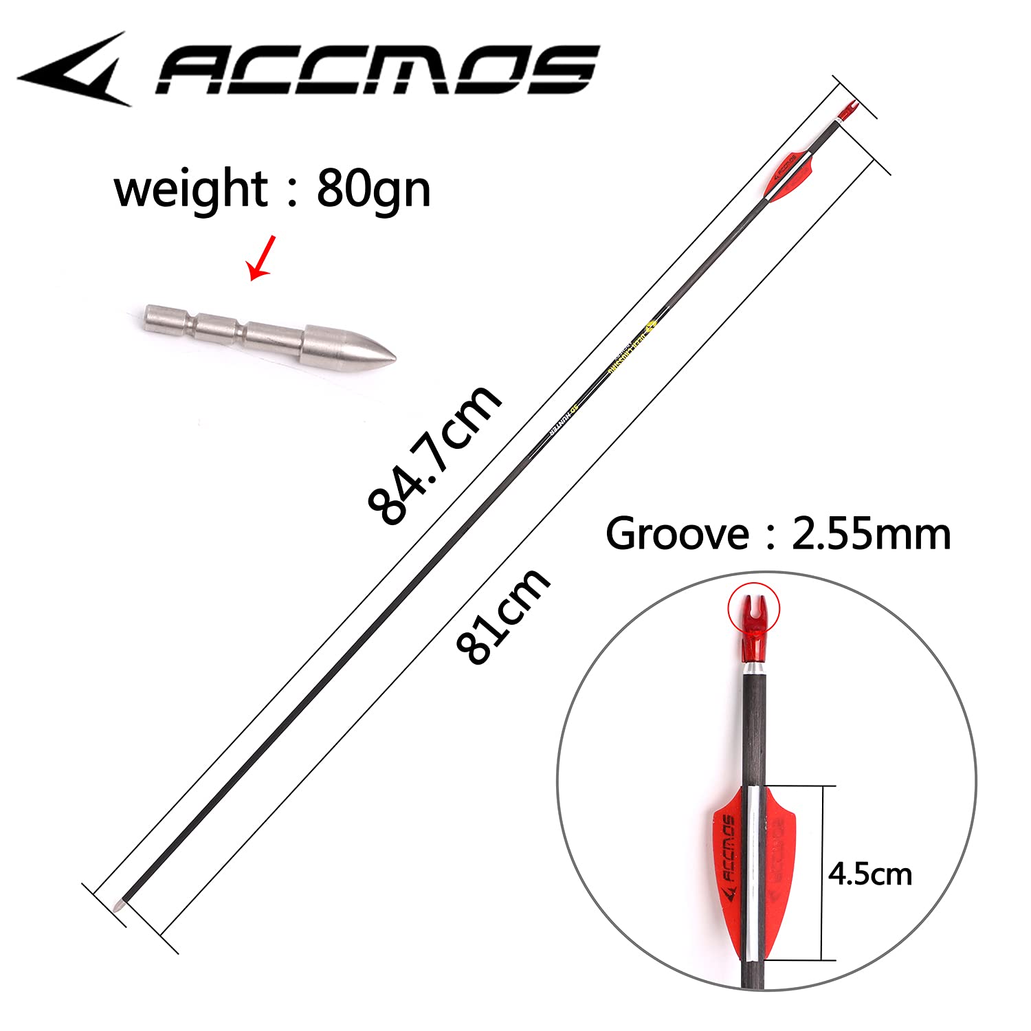 ACCMOS 31 Pollici Frecce in Carbonio Spine 250 350 400 500 600 700 800 900 1000 OD 5,6mm ID 4,2 mm Caccia Pratica Frecce, per Adulti Giovani Arco Compound Arco Ricurvo Riprese 6/12 Pezzi