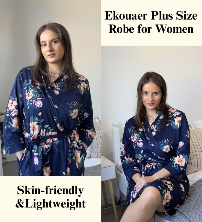 Image of Ekouaer Women Plus Size Robe Knee Length Lightweight Bathrobe Short Kimono Robes with Pockets Maternity Robe