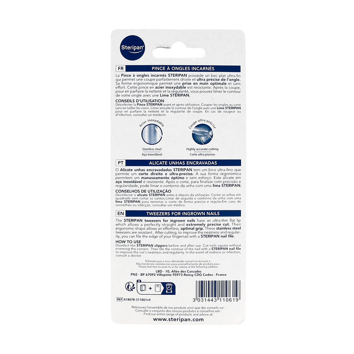 Steripan - Pince à Ongles Incarnés - Ergonomique - Acier Inoxydable - Bec Plat Ultra Fin