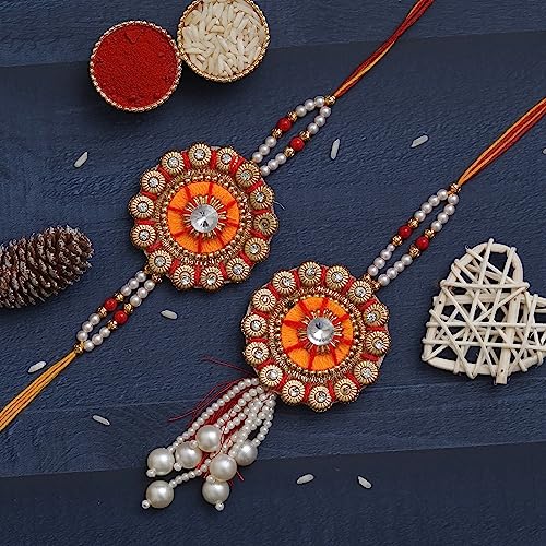 Image of eCraftIndia Pearls Designer Bhaiya Bhabhi Rakhi Set with Roli Chawal Pack | Rakhis for Brother Bhaiya Bhai