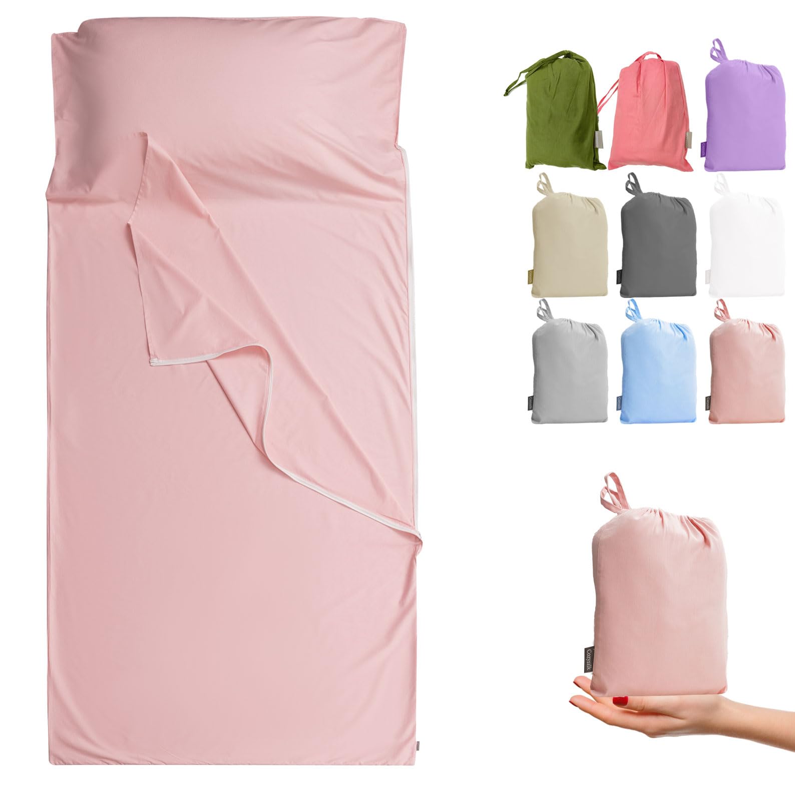 Cozysilk Brand - GANNAFEE Cotton Sleeping Bag Liner with Zipper - 100% Cotton Travel Sheet Sleep Sack Adult - Travel Sleeping Bag for Hotels Camping