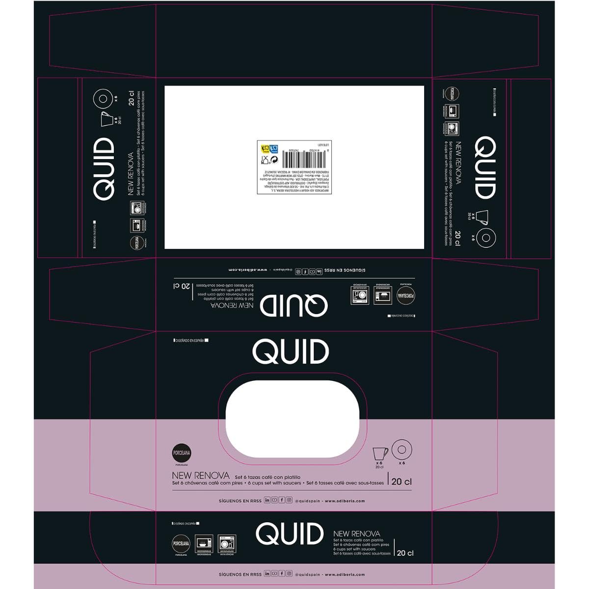 Quid New Renova Set mit 6 Tassen mit Untertasse, Porzellan, 20 cl, mikrowellengeeignet, recycelbar