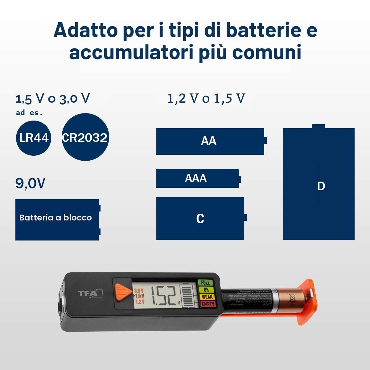 TFA Dostmann BatteryCheck Tester per batterie AAA AA C D pila a bottone indicatore carica voltaggio nero