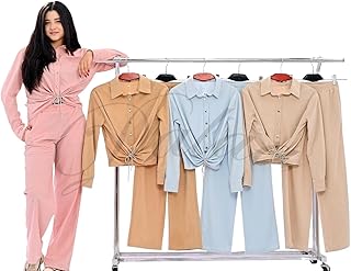 طقم مكون من قطعتين للبنات، قميص بازرار وسروال بارجل واسعة، باكمام طويلة، ورباط عند الخصر