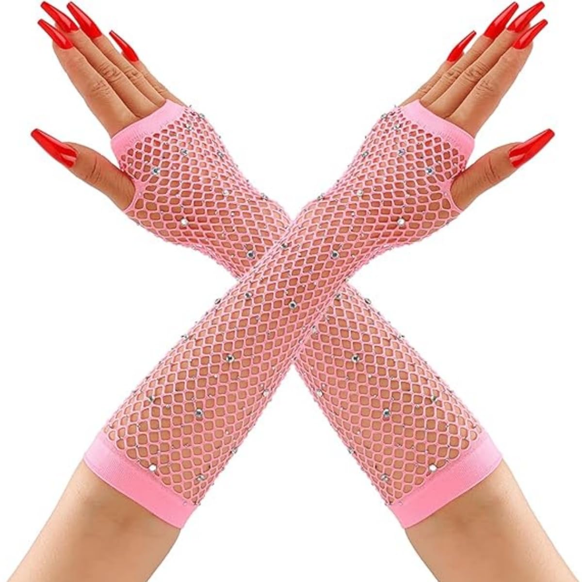 Ruichy Women's Pink Rhinestones Fishnet Gloves, 1 Pair Mesh Fingerless Fish Net Sparkly Glitter Gloves, Stretchy Elbow Length Neon Mitten For 80S Party Cosplay, Arm Sleeves Bridal Glove For Wedding Halloween Nightclub